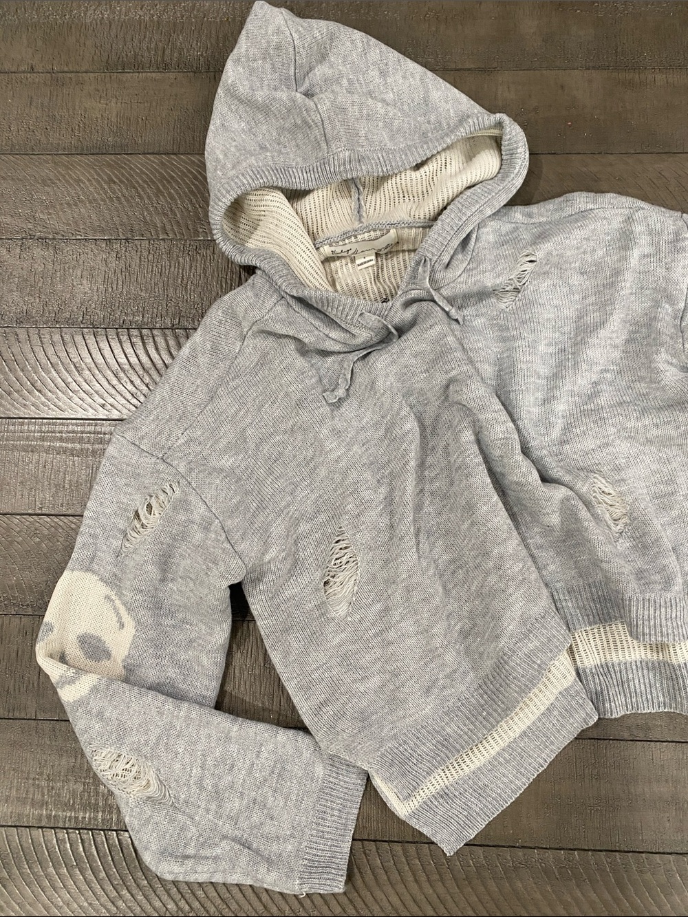 Vintage Havana Light Gray Distressed Hooded Sweater